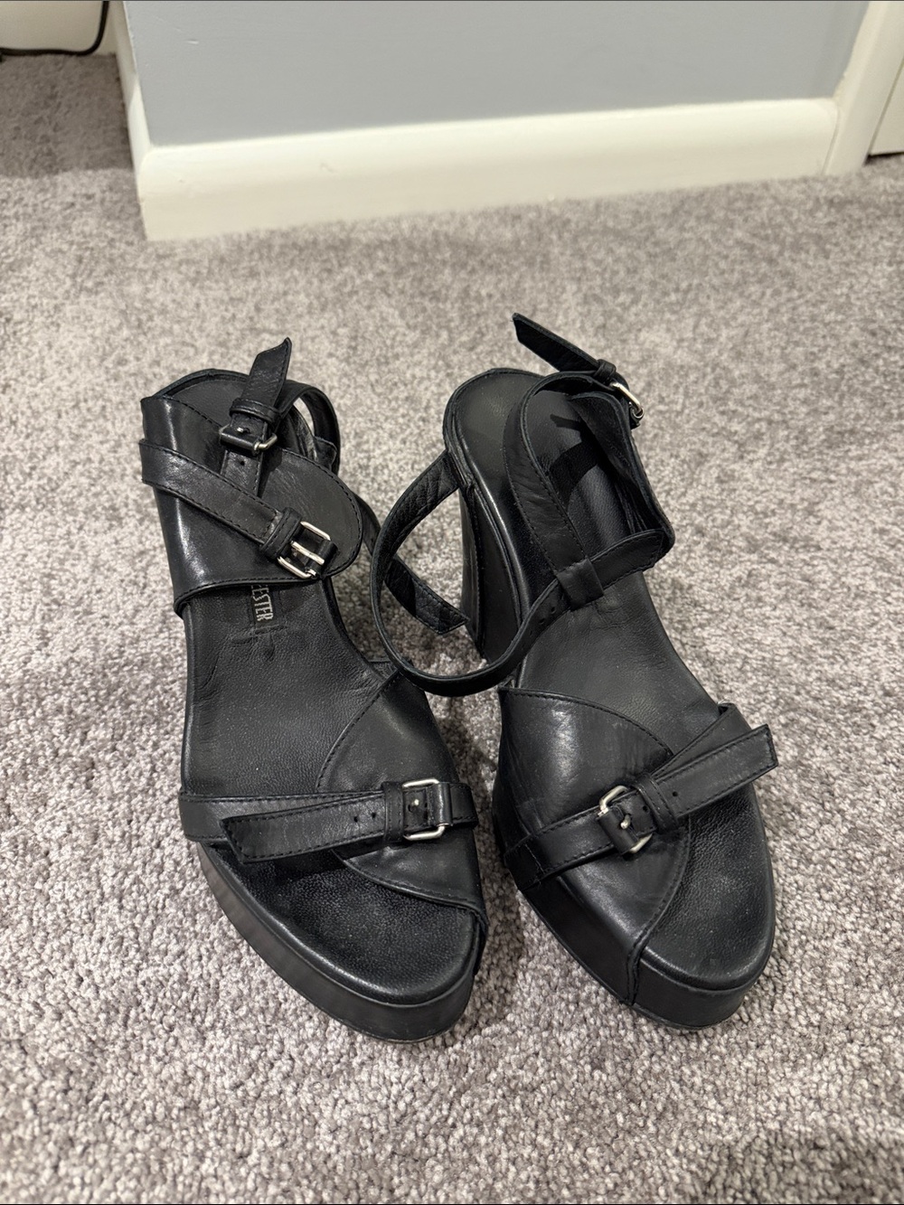 Ann Demeulemeester Black Leather Buckle Platform Heels